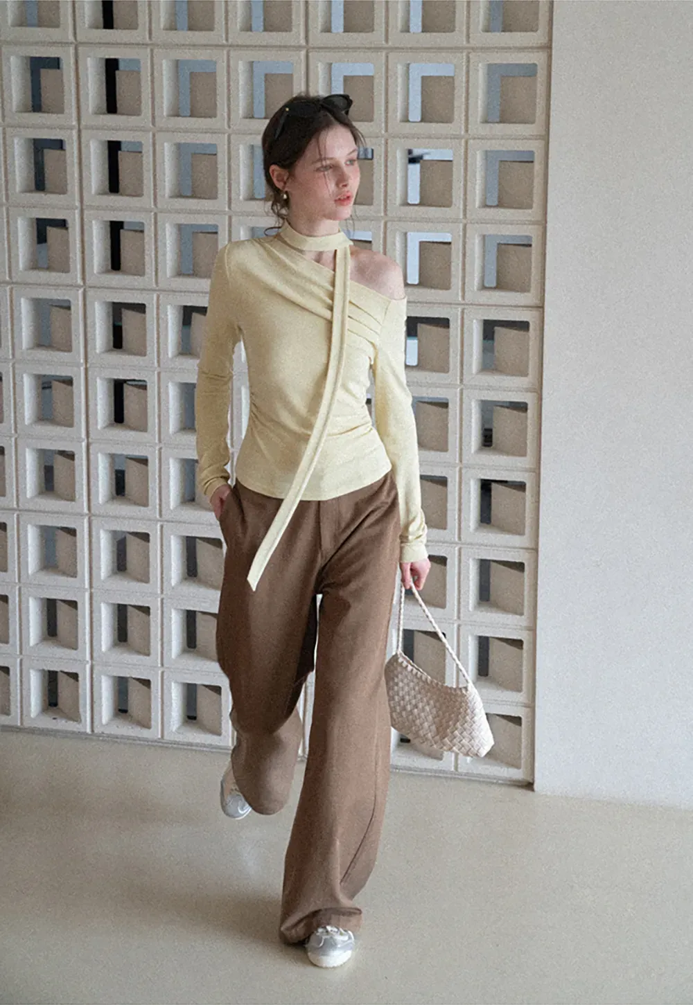 Long sleeve off shoulder top with neck tie detail