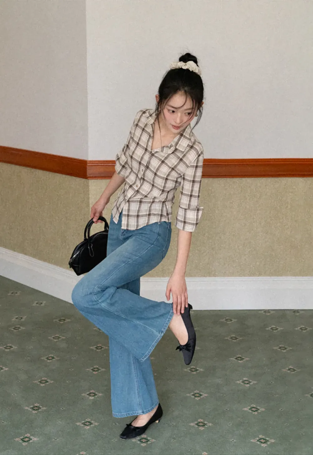 Plaid Shirt with Rolled Sleeves and Button Front