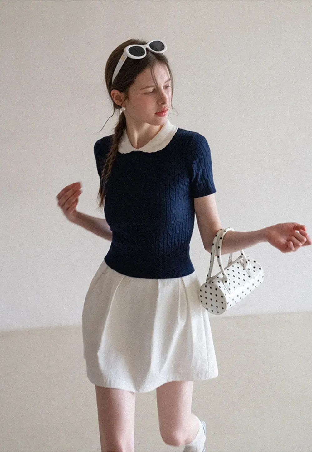 Cable Knit Short Sleeve Sweater with Collar