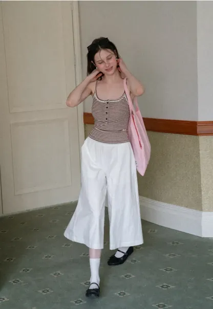 Wide Leg Cropped Casual Pants with Elastic Waist