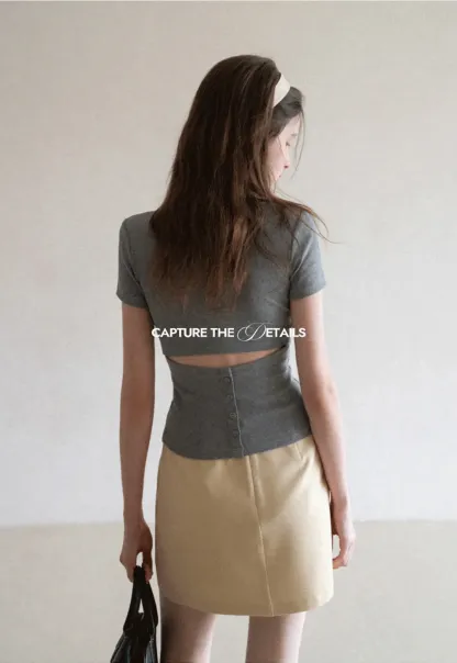 Short Sleeve Crop Top with Back Buttons