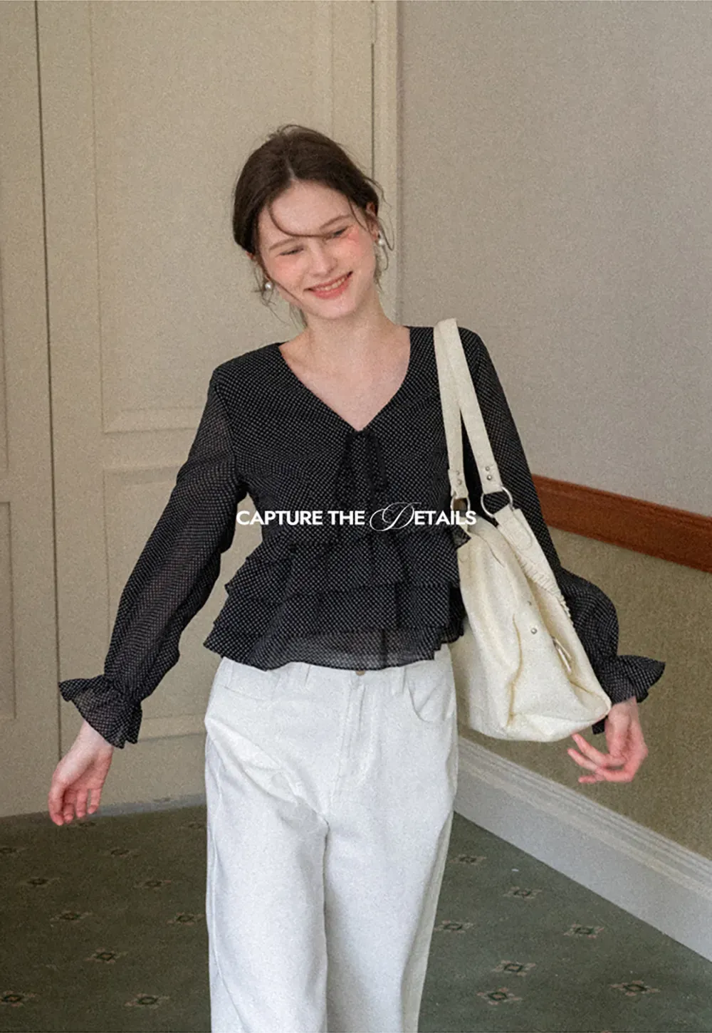 Polka Dot Sheer Blouse with Ruffled Hem and Tie Neck