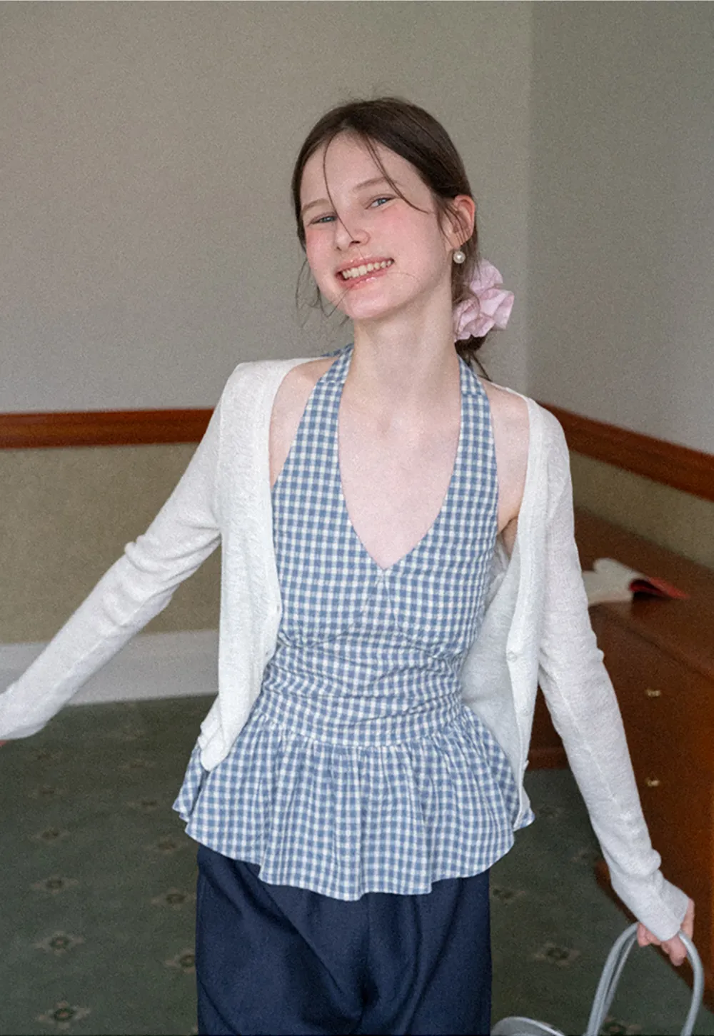 Gingham Halter Neck Peplum Top