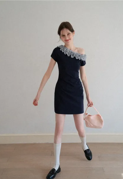 Short Sleeve Dress with Ruffled Off Shoulder Detail