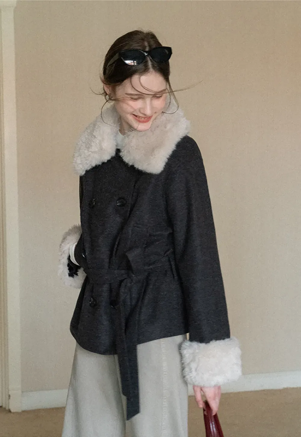 Wool Coat with Fur Collar and Cuff Belted Design
