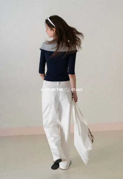 Striped collar tie front short sleeve top