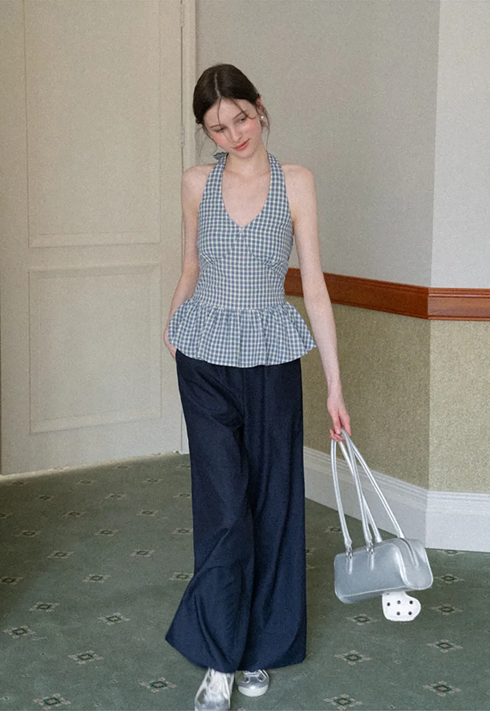 Gingham Halter Neck Peplum Top