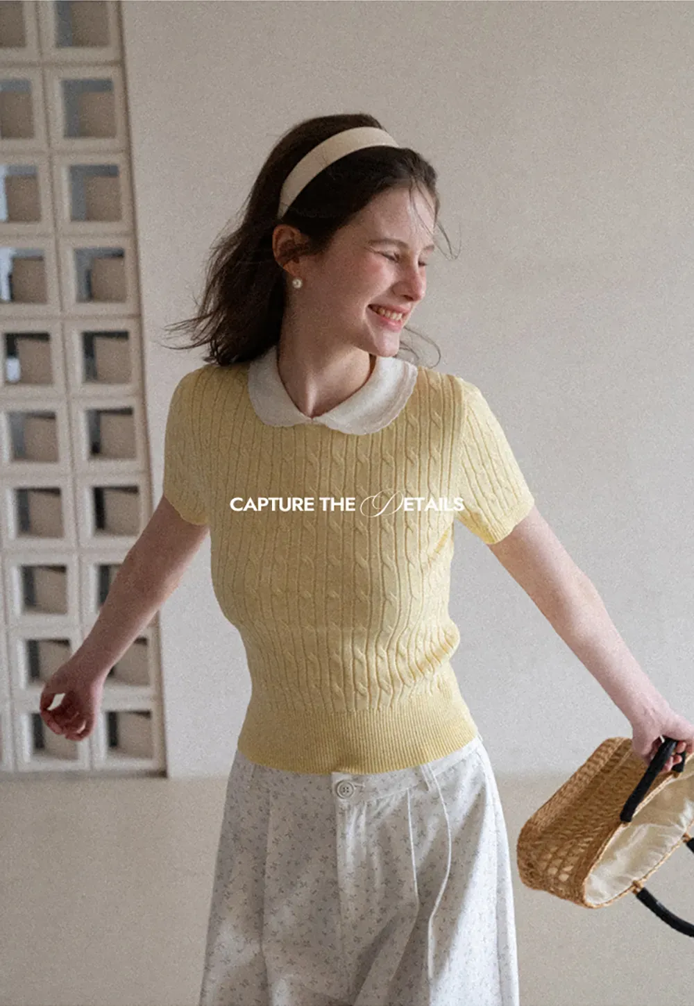 Cable Knit Short Sleeve Sweater with Collar