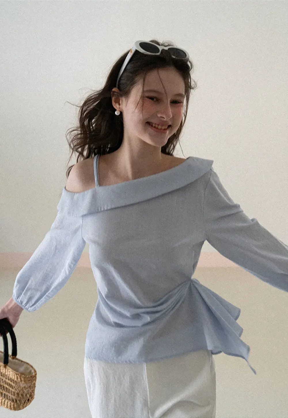 Off Shoulder Shirt with Ruched Sleeve Detail