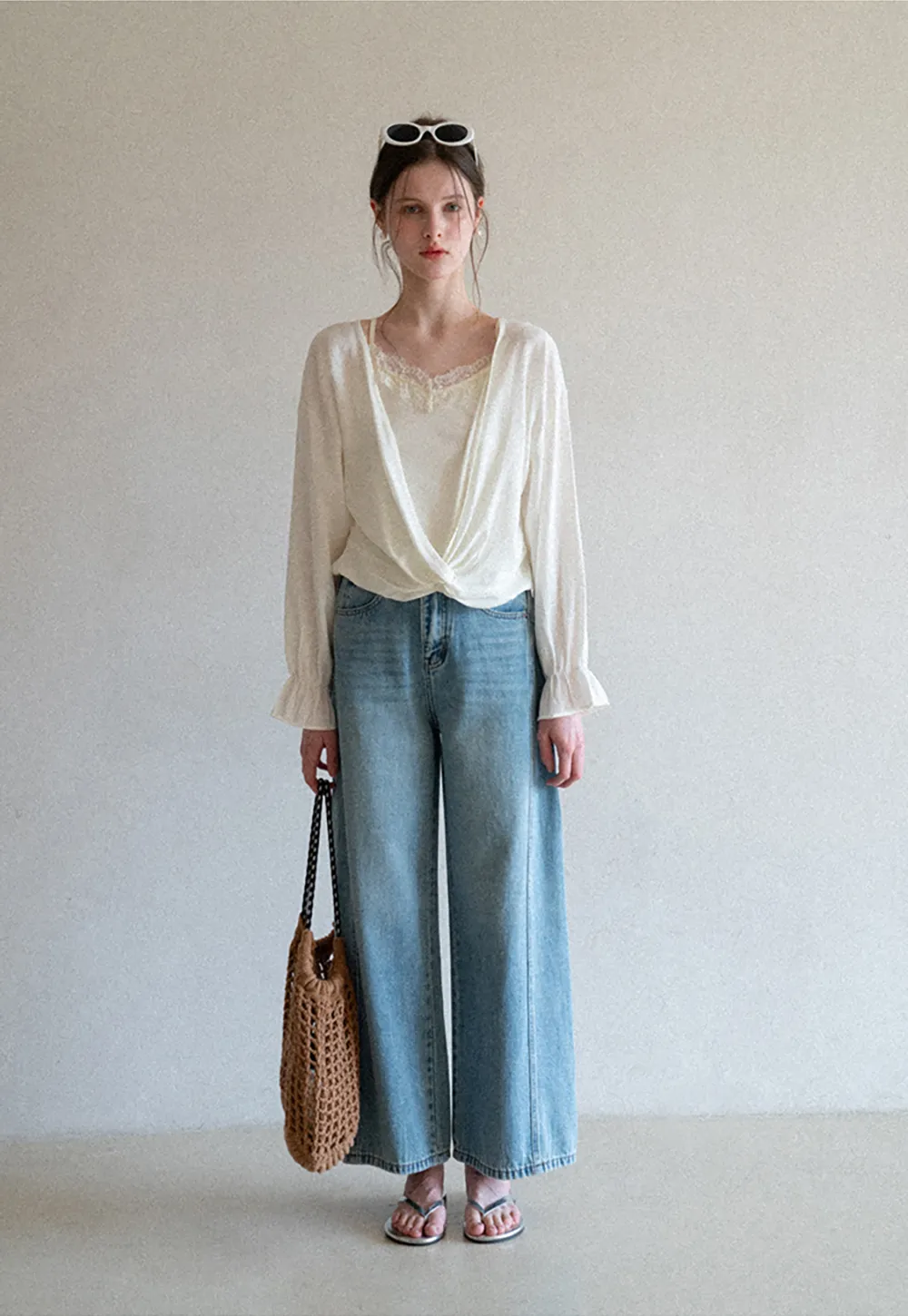 Lace Trimmed V Neck Long Sleeve Wrap Shirt