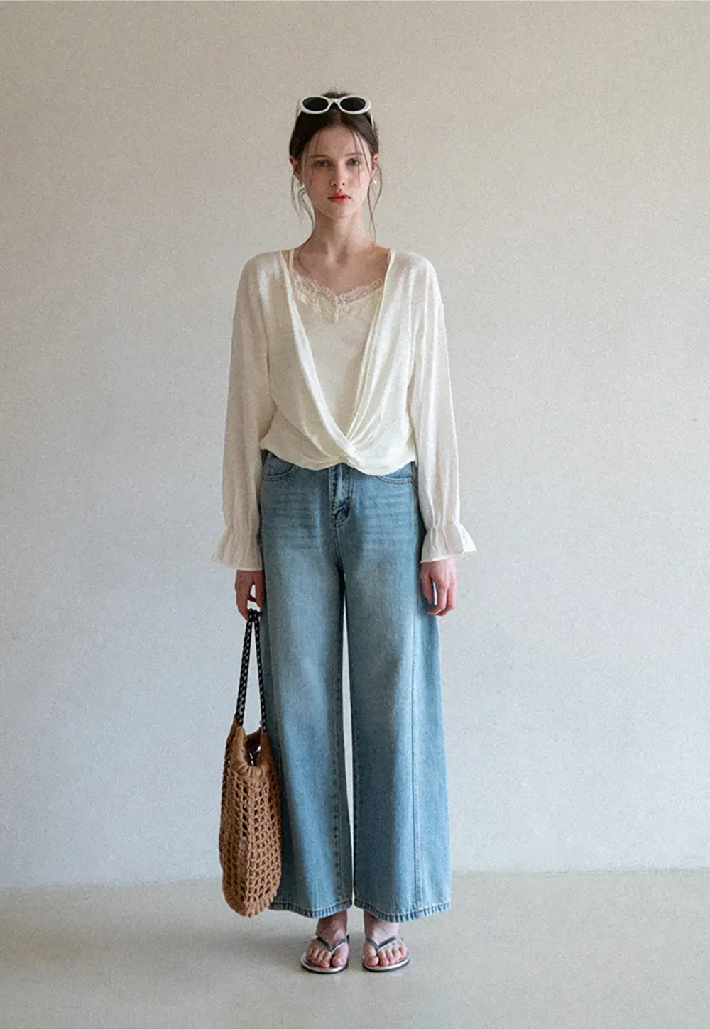 Lace Trimmed V Neck Long Sleeve Wrap Shirt