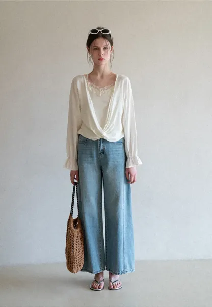 Lace Trimmed V Neck Long Sleeve Wrap Shirt