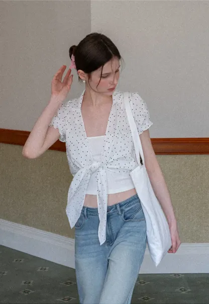 Polka dot short sleeve shirt with front tie detail