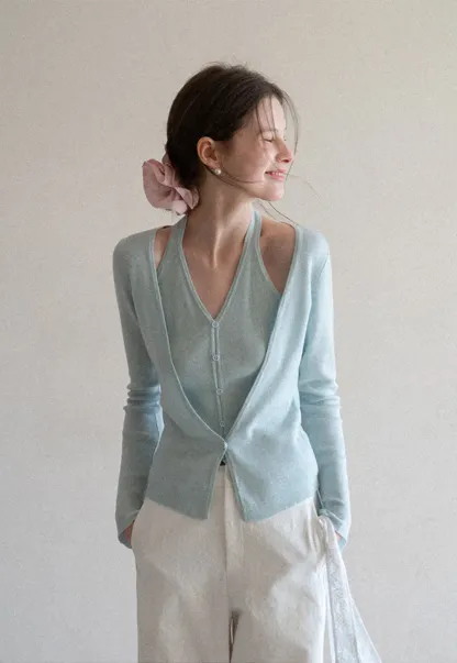 V neck long sleeve knit cardigan with open shoulders