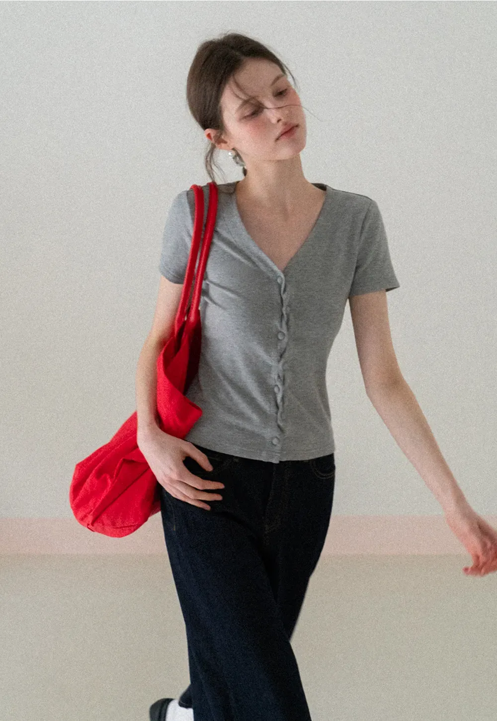 Wide leg cropped denim pants with contrast stitching