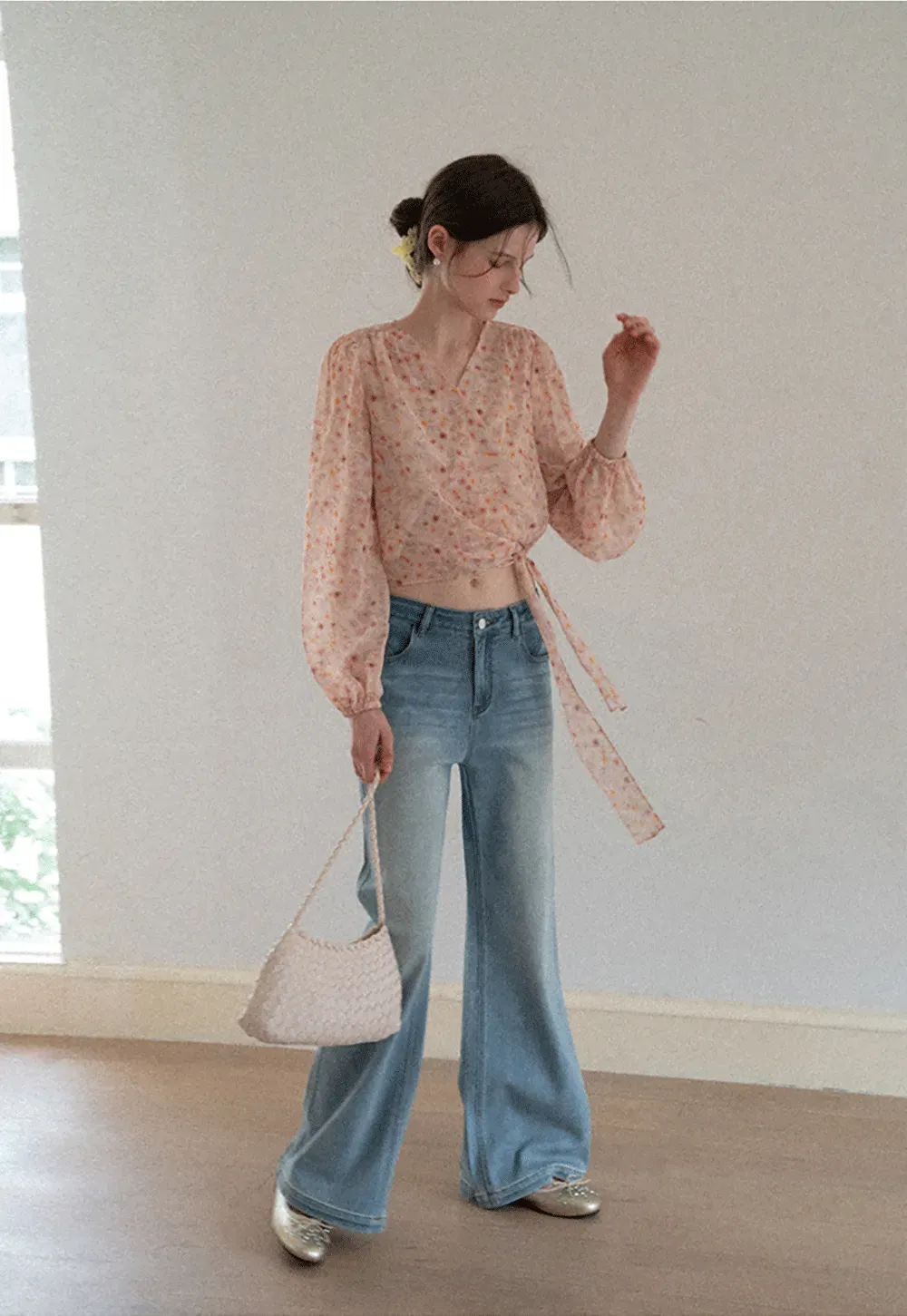 Lace Chiffon Wrap Blouse with Long Sleeves