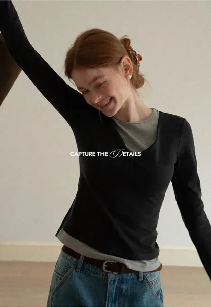 Long sleeve crop top with round neck and hem stitching design