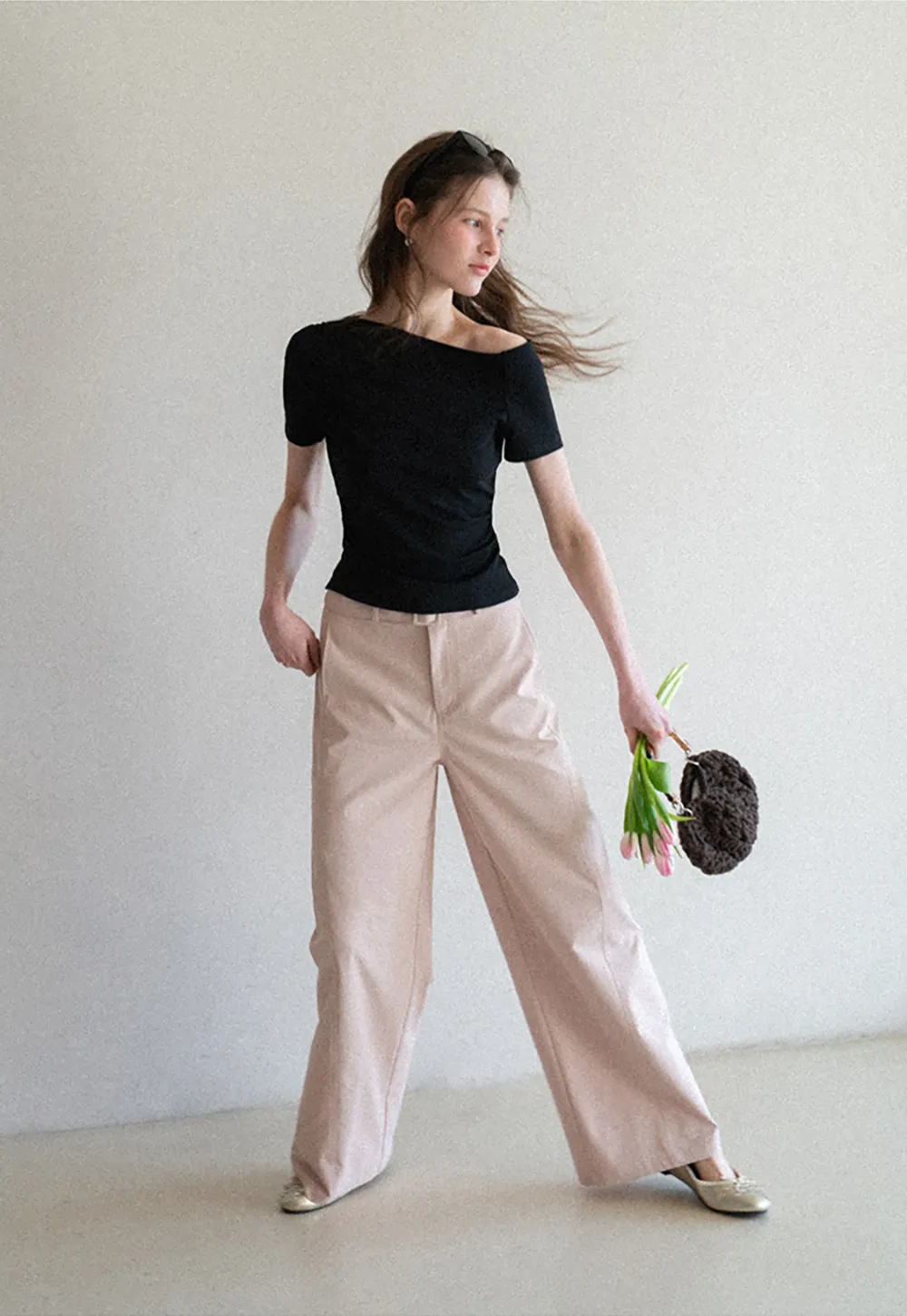 Off shoulder short sleeve fitted t shirt