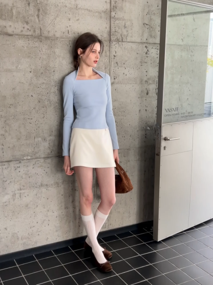 square neck long sleeve top fitted design women's t shirt