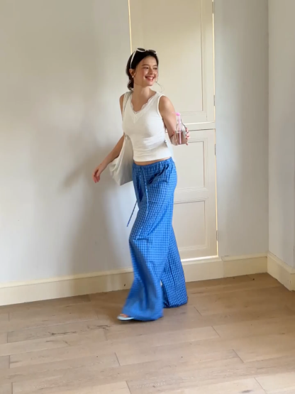 Wide Leg Gingham Check Casual Pants