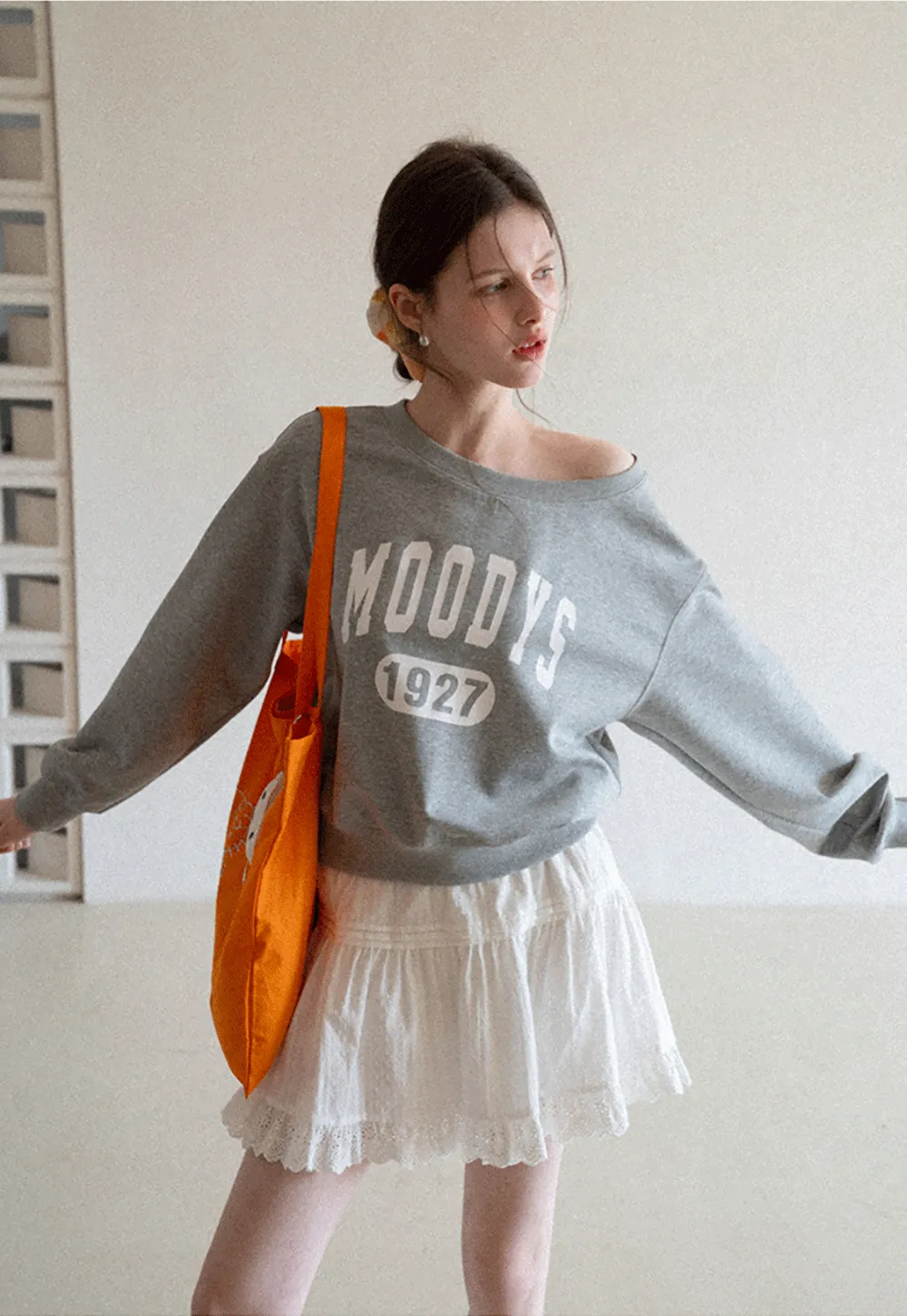 Gray Off Shoulder Sweatshirt with Bold Lettering and Year Print