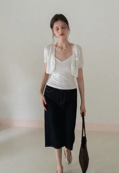 Short Sleeve Cable Knit Cardigan with Button Closure