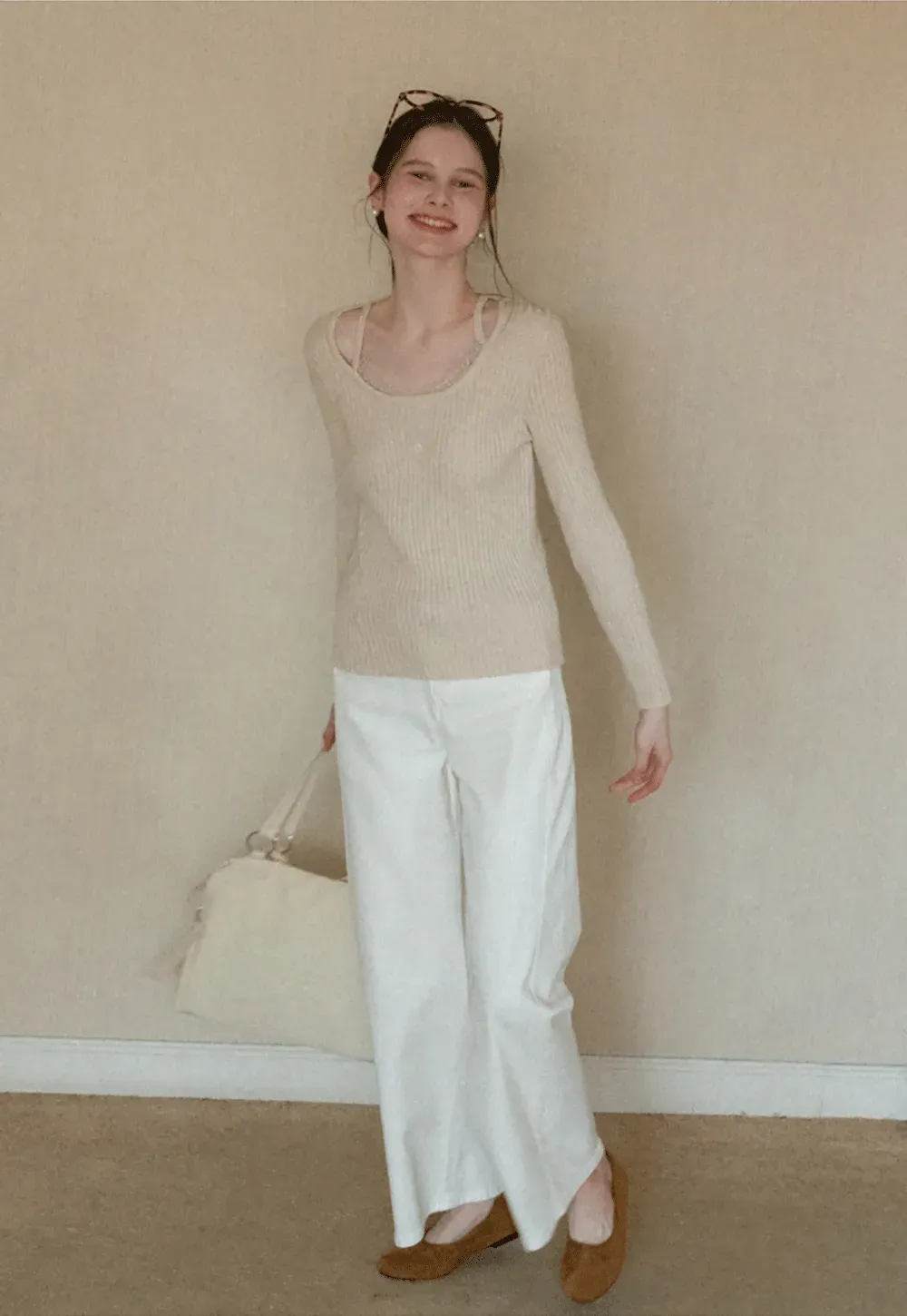 Ribbed knit sweater with boat neck and long sleeves