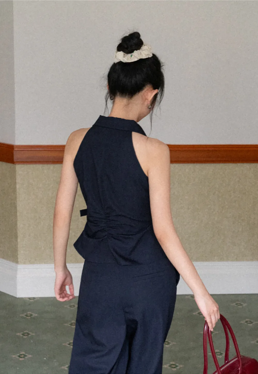 Sleeveless Collared Top with Wrap Detail and Wide Leg Pants