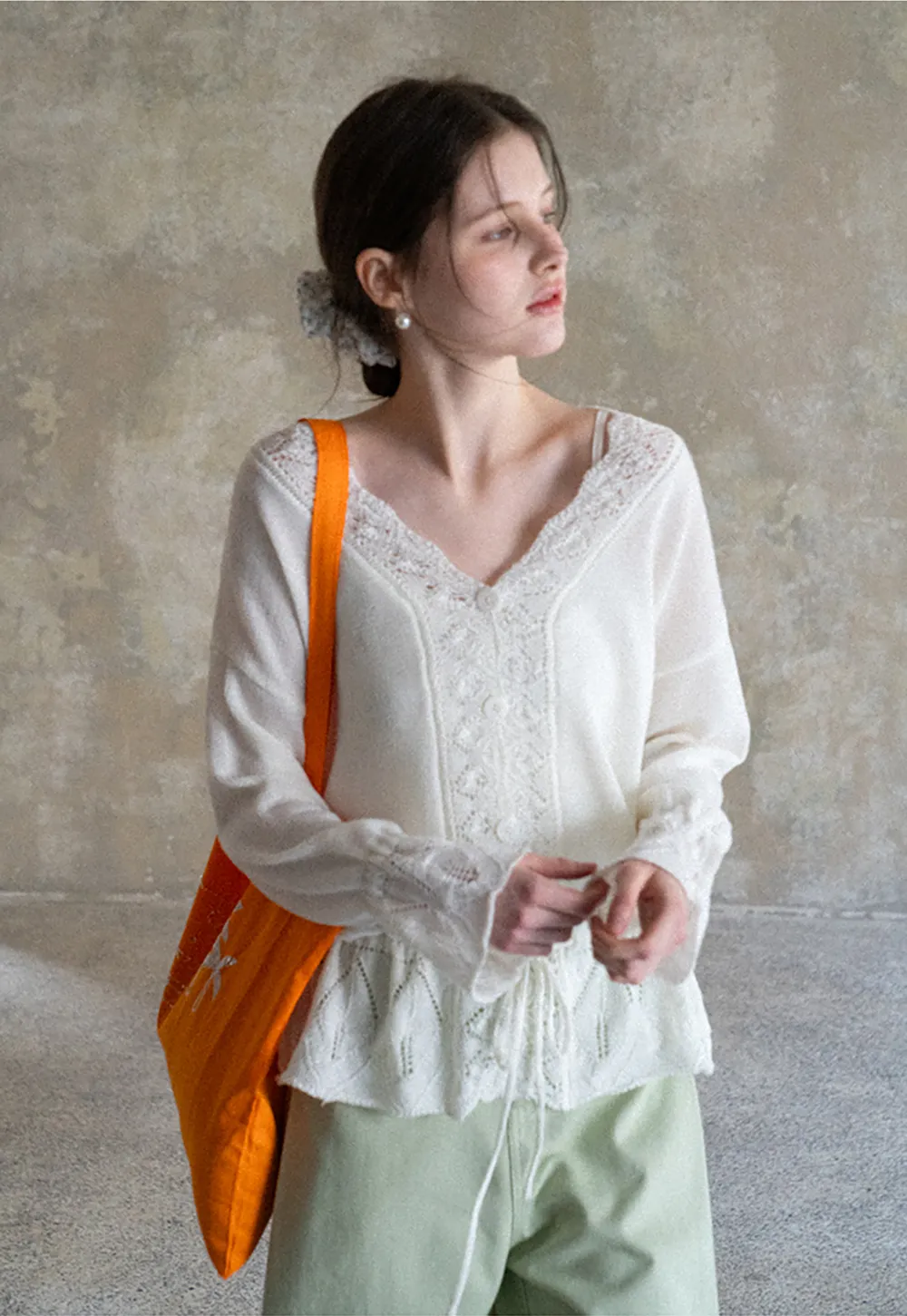 Lace Trimmed V Neck Knit Sweater with Drawstring Hem