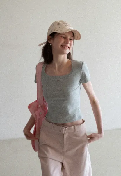 Short Sleeve Crop Top with Square Neckline