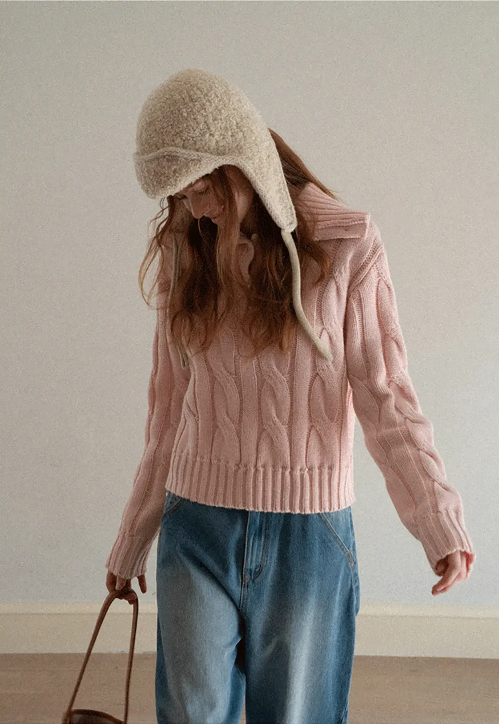 Cable Knit Turtleneck Sweater with Ribbed Sleeves and Hem