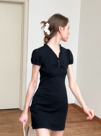 V Neck Ruched Front Short Sleeve Mini Dress