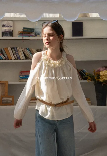 Lace Chiffon Blouse with Ruffled Neck and Cold Shoulder