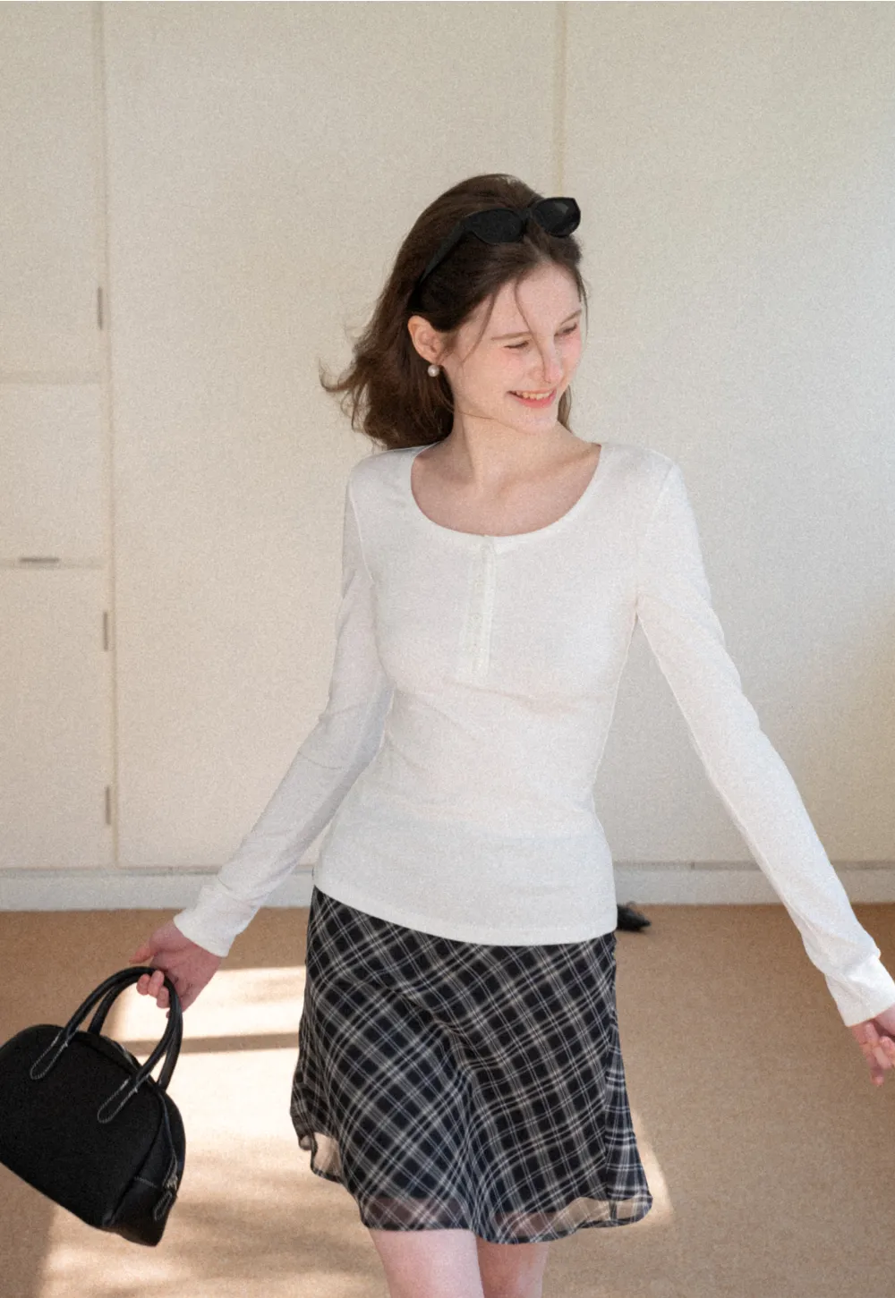 Long sleeve henley top with front buttons