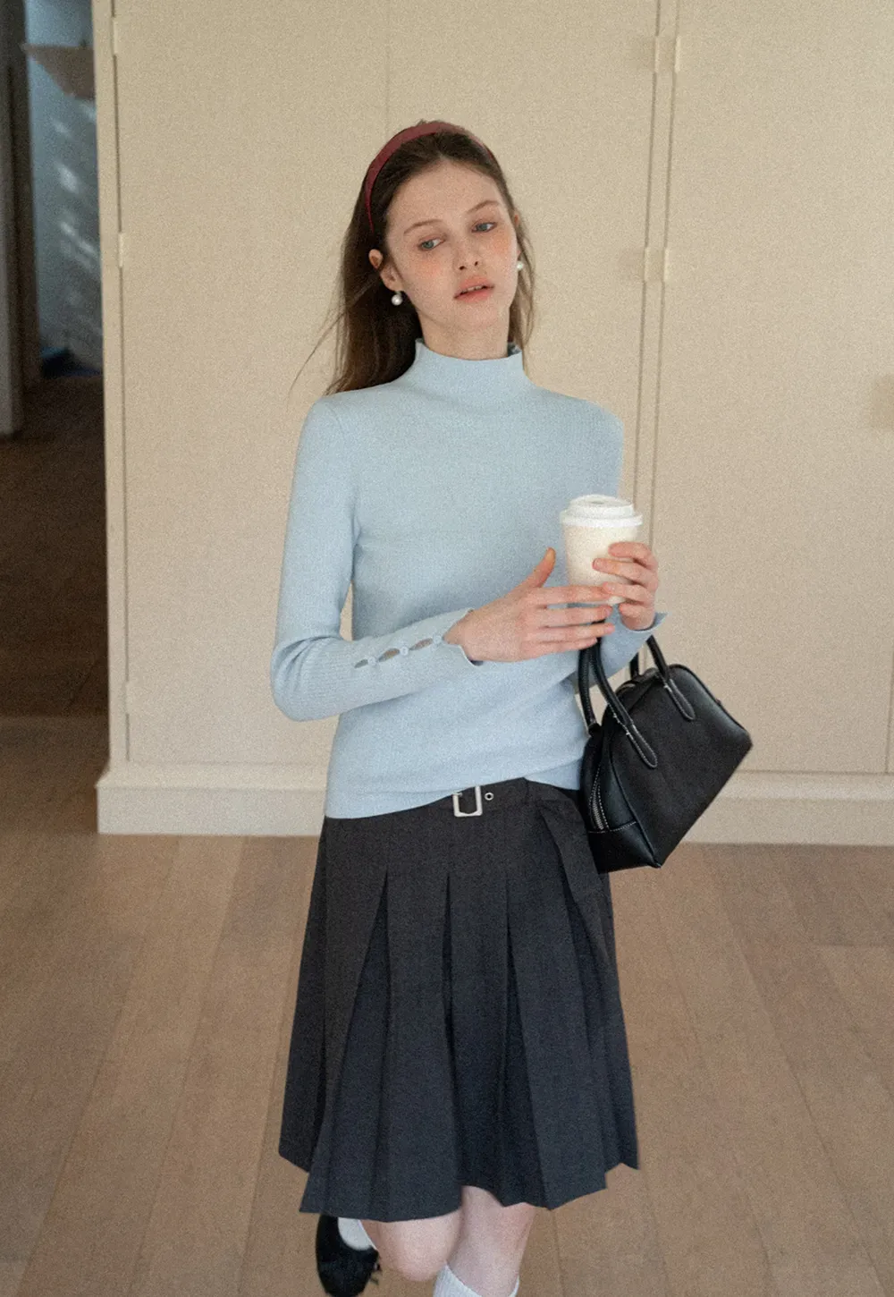 Elegant High Neck Knit Sweater with Button Detail Sleeve