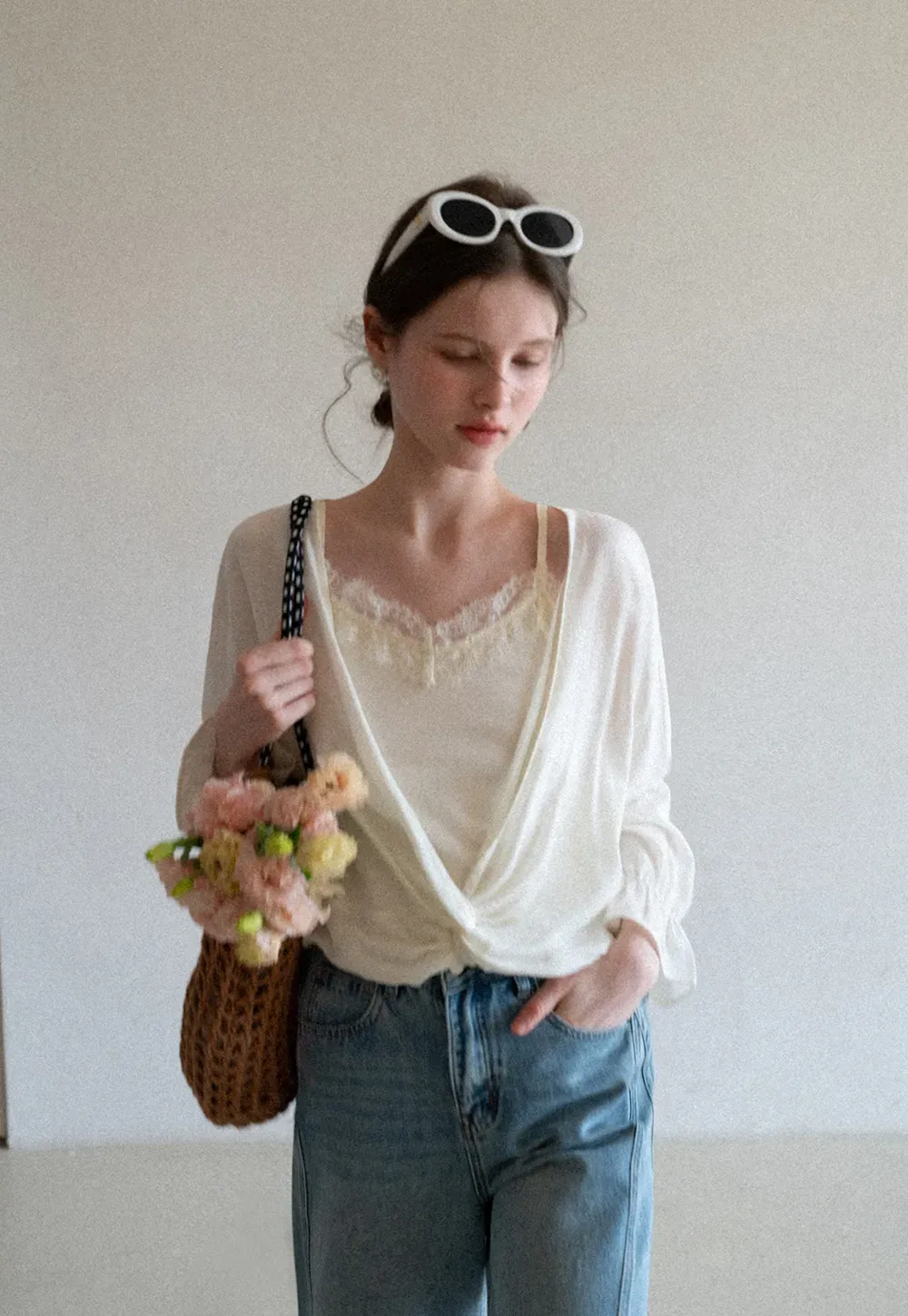 Lace Trimmed V Neck Long Sleeve Wrap Shirt