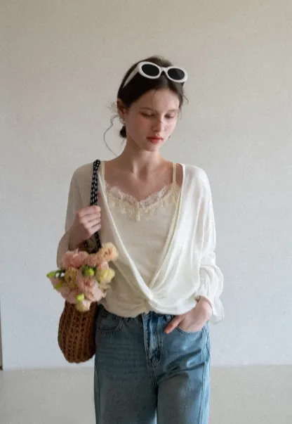 Lace Trimmed V Neck Long Sleeve Wrap Shirt