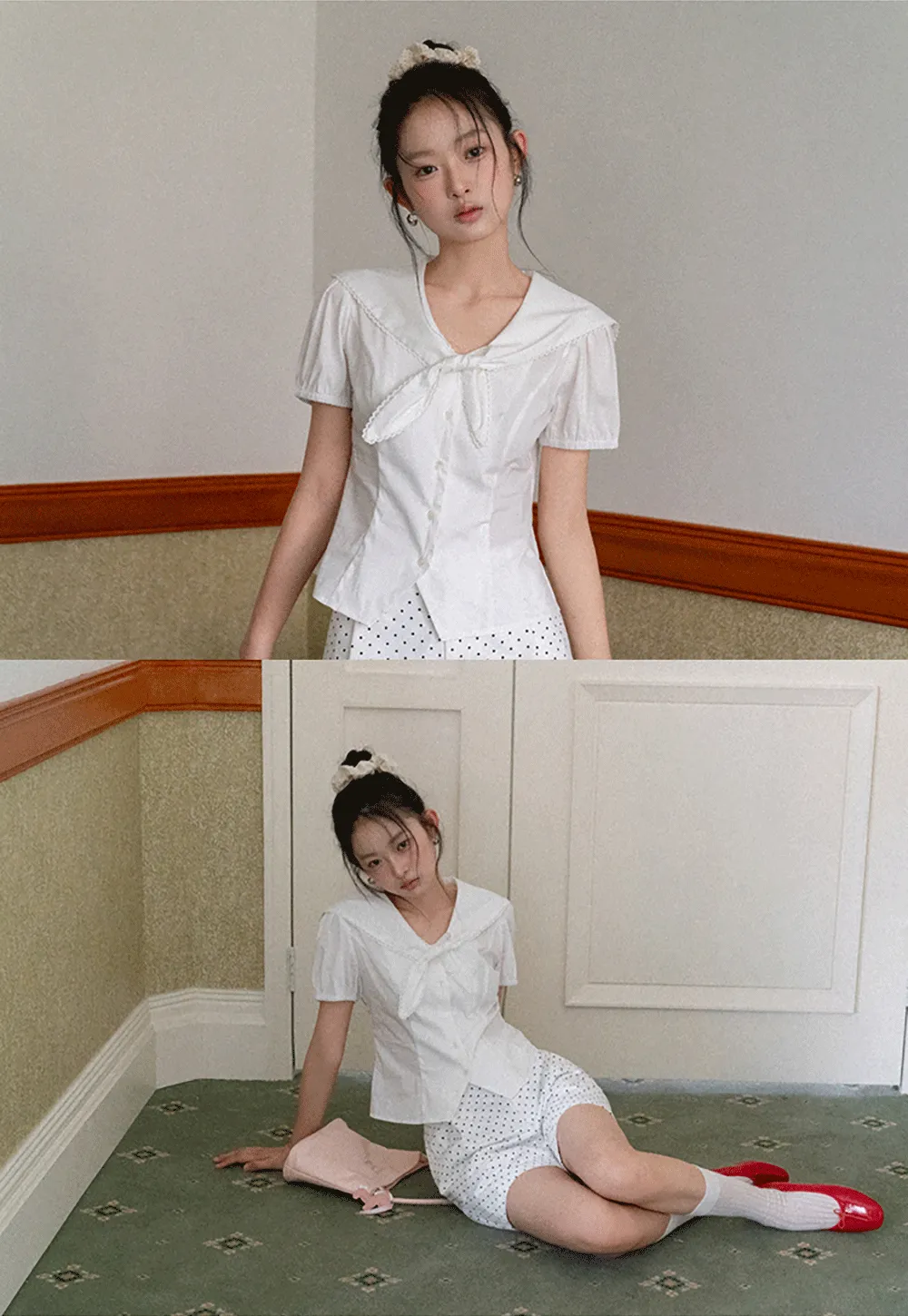 Short Sleeve Shirt with Collar and Bow Detail