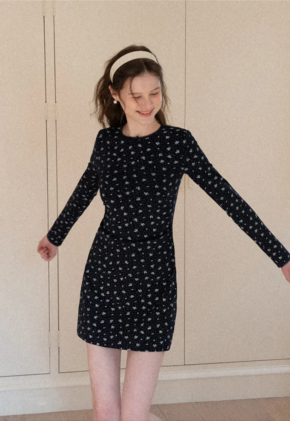 Long Sleeve Floral Print Dress with Cross Neck Detail