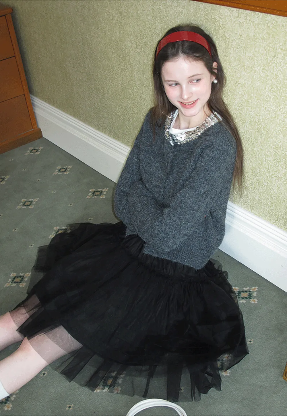 Elegant Woolen Knit Sweater with Embellished Neckline and Long Sleeves