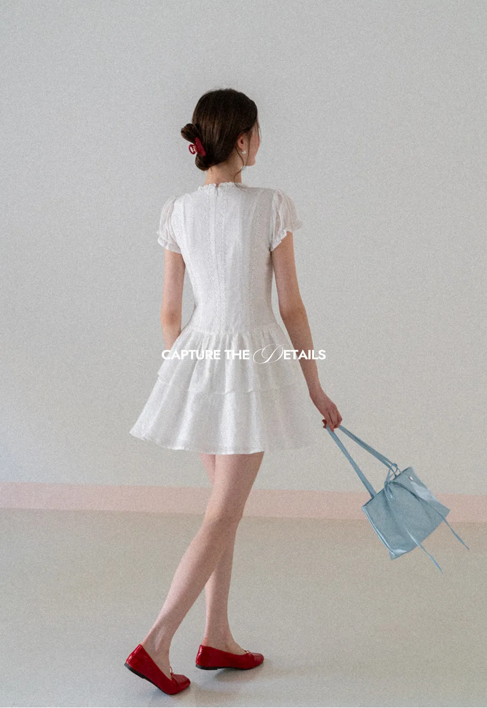 Eyelet Lace Dress with Puffed Sleeves and Tiered Skirt