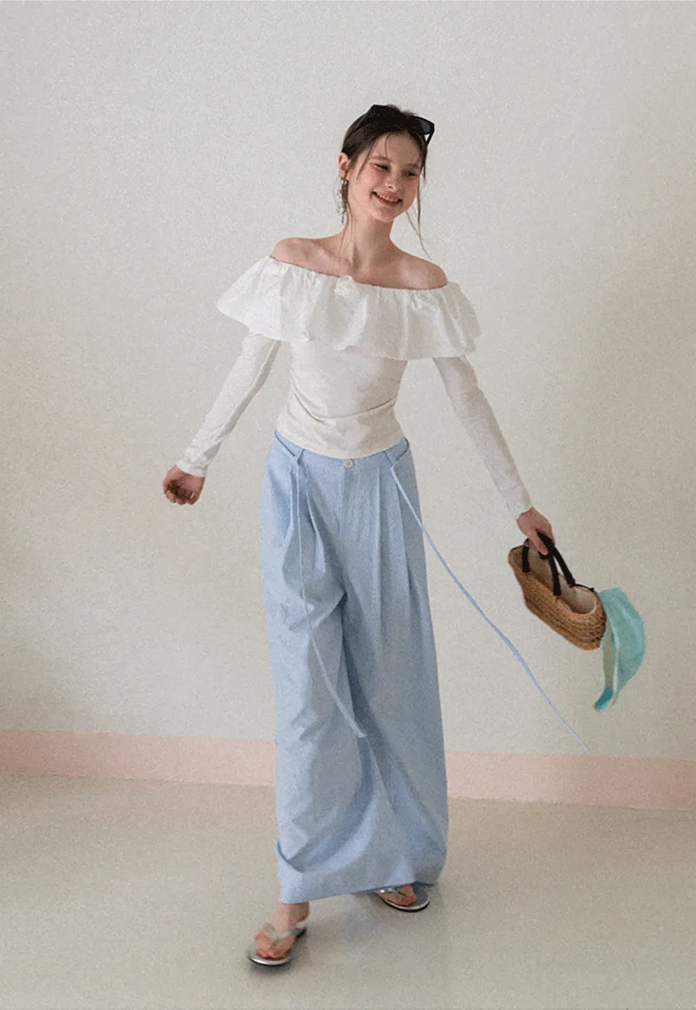 Wide Leg Pleated Casual Pants with Drawstring Waist