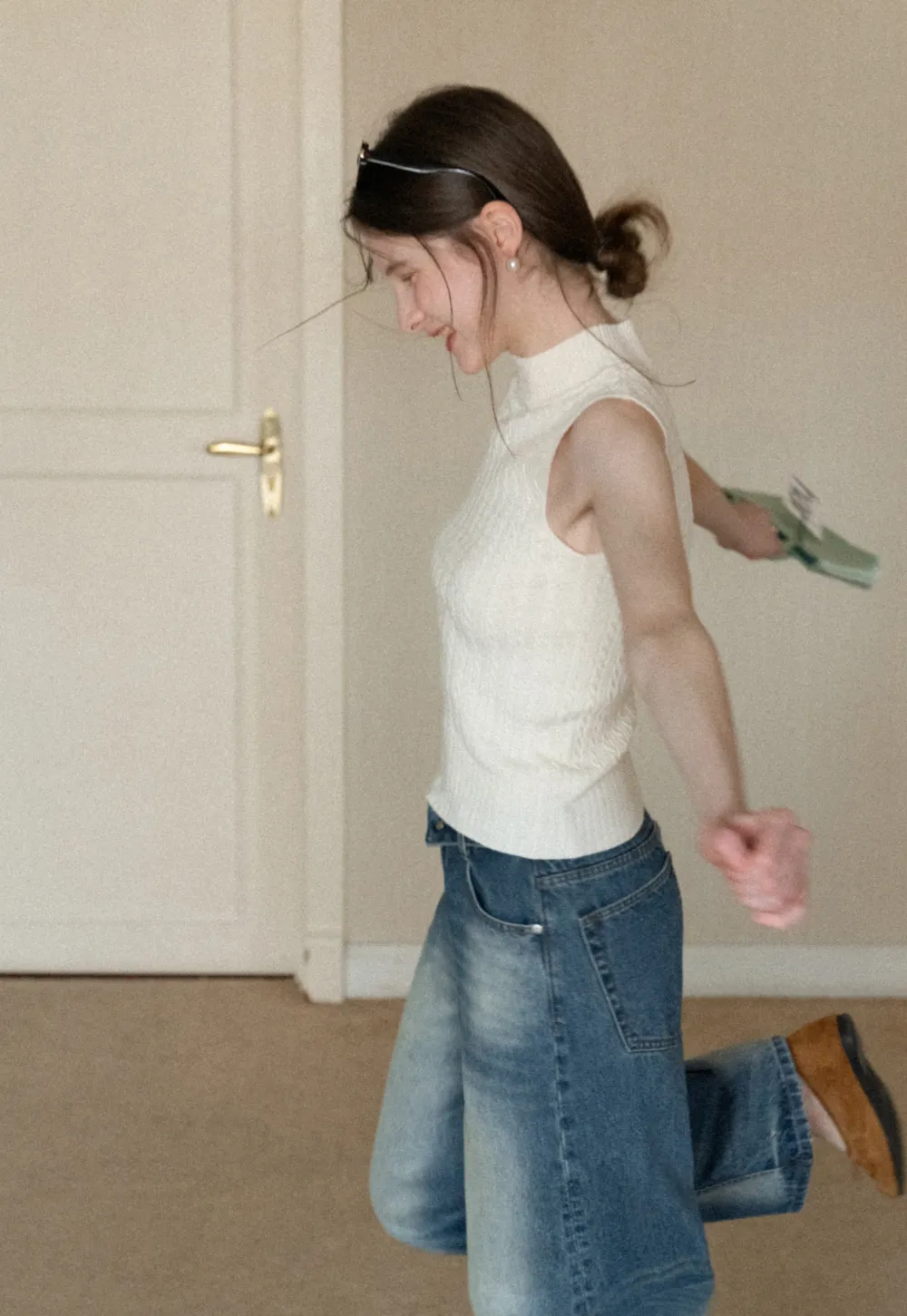 Cable Knit Sleeveless Top with High Neck Design