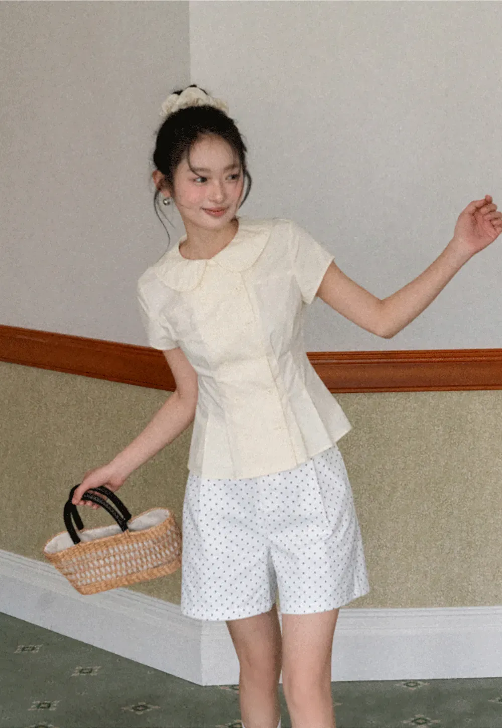 Short Sleeve Shirt with Peter Pan Collar and Peplum Hem