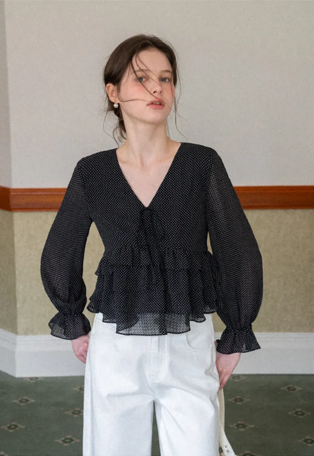 Polka Dot Sheer Blouse with Ruffled Hem and Tie Neck