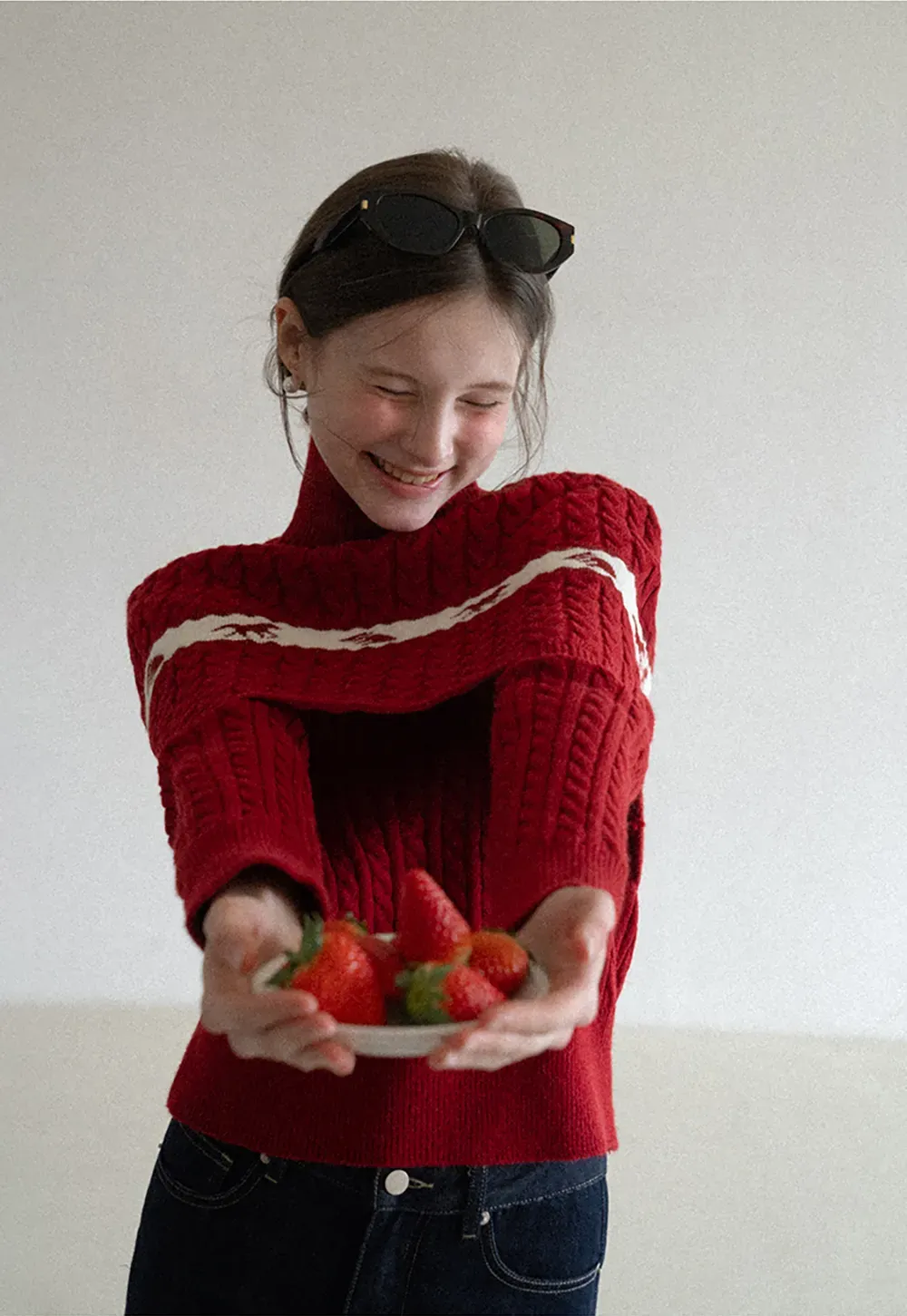 Turtleneck Cable Knit Sweater with Horse Pattern Stripe