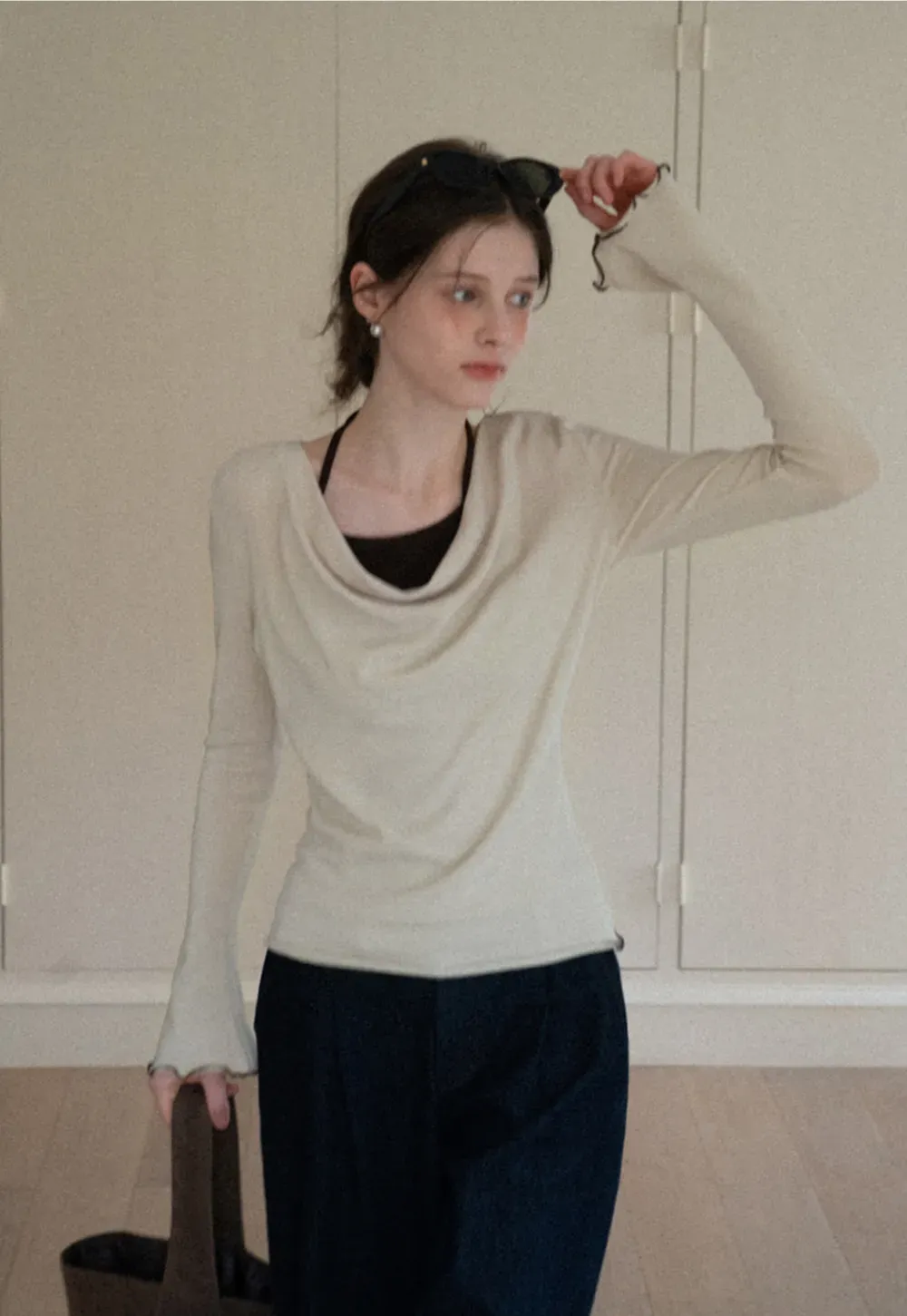 Beige Long-Sleeve Top with Ruffled Hem and Bow Tie Back