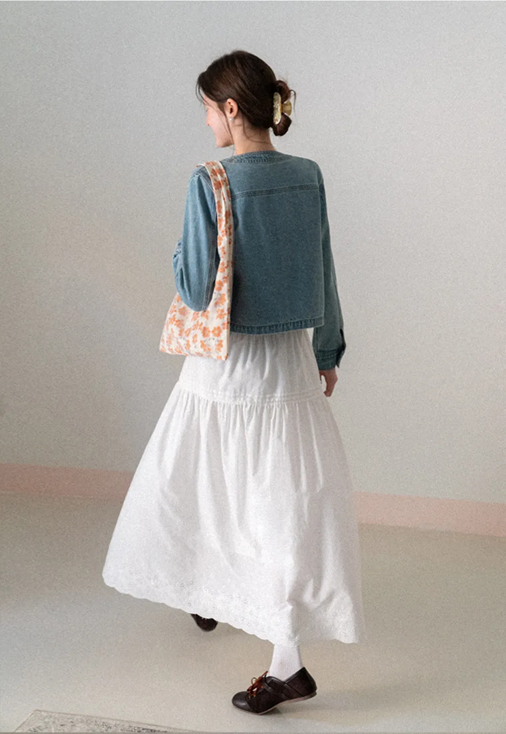 Denim short jacket with button front and chest pockets