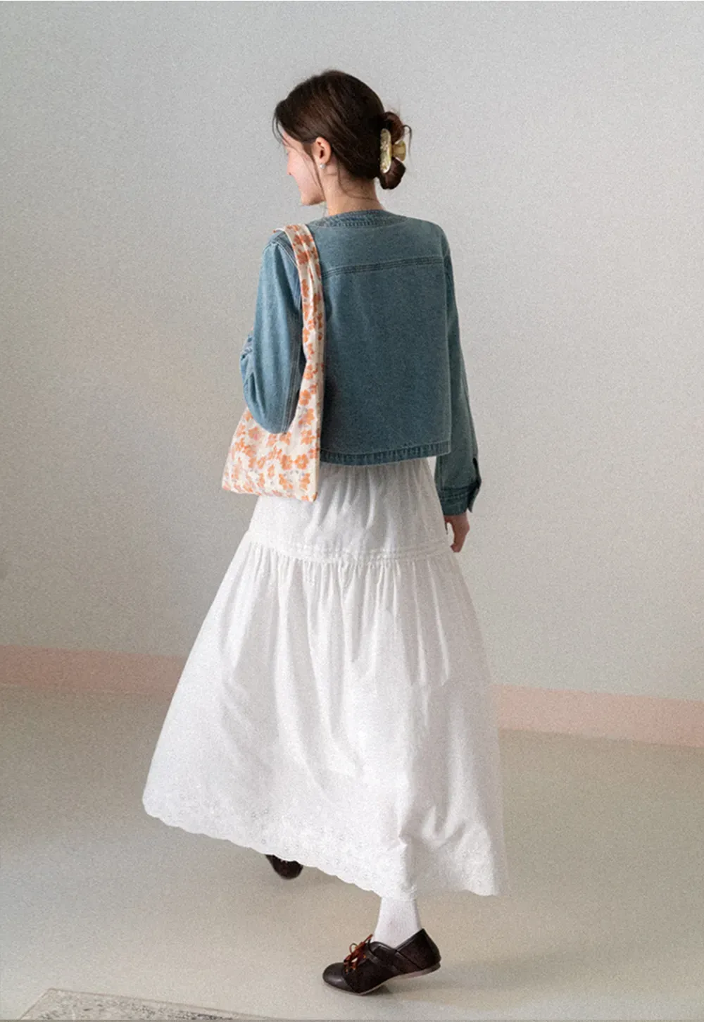 Denim short jacket with button front and chest pockets