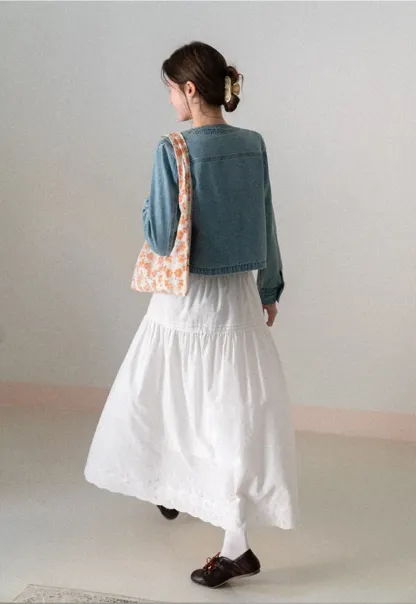 Denim short jacket with button front and chest pockets